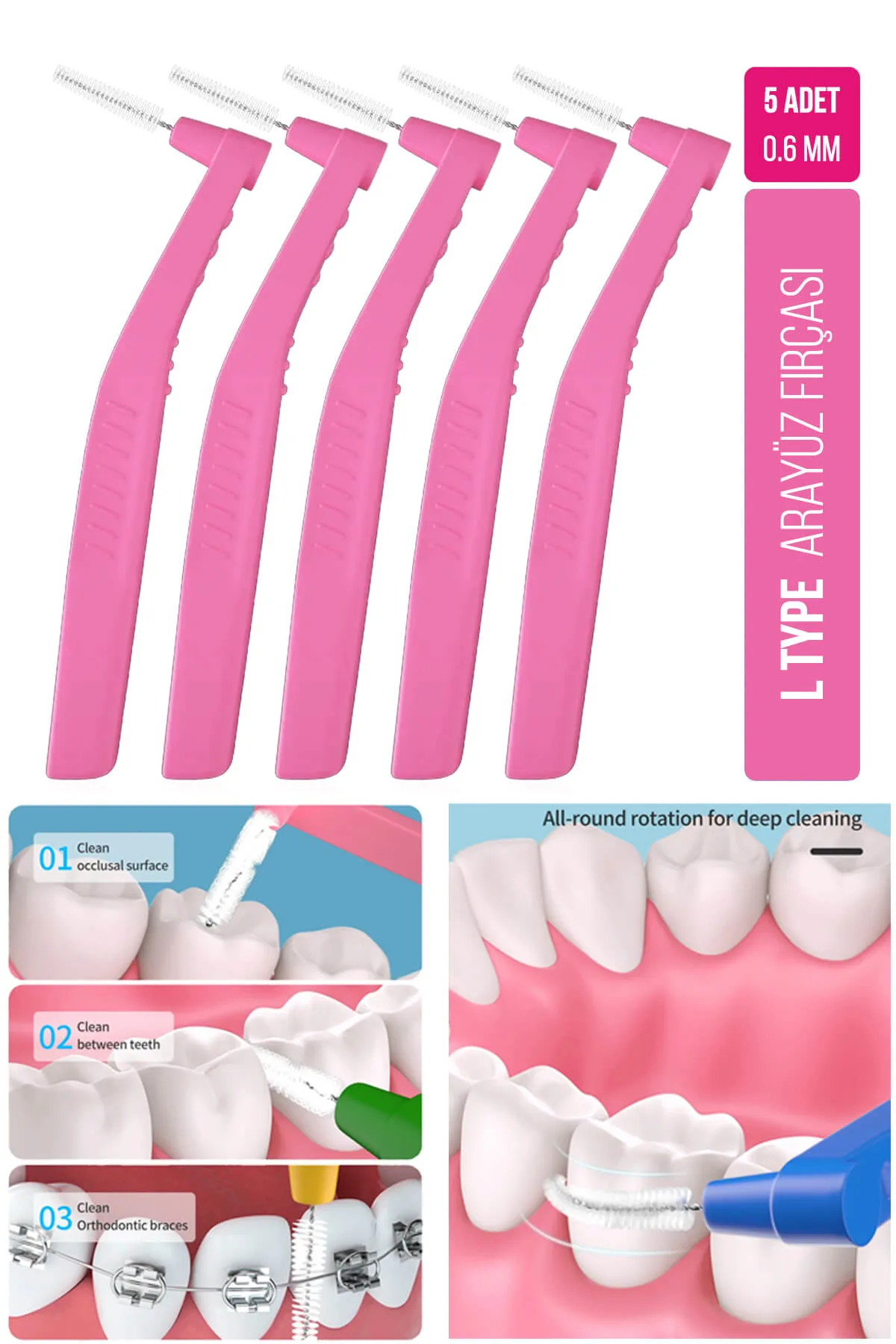 Oral White Cleaning Pro 5 Adet Arayüz Fırçası Pembe 0.6 mm - Görsel 2
