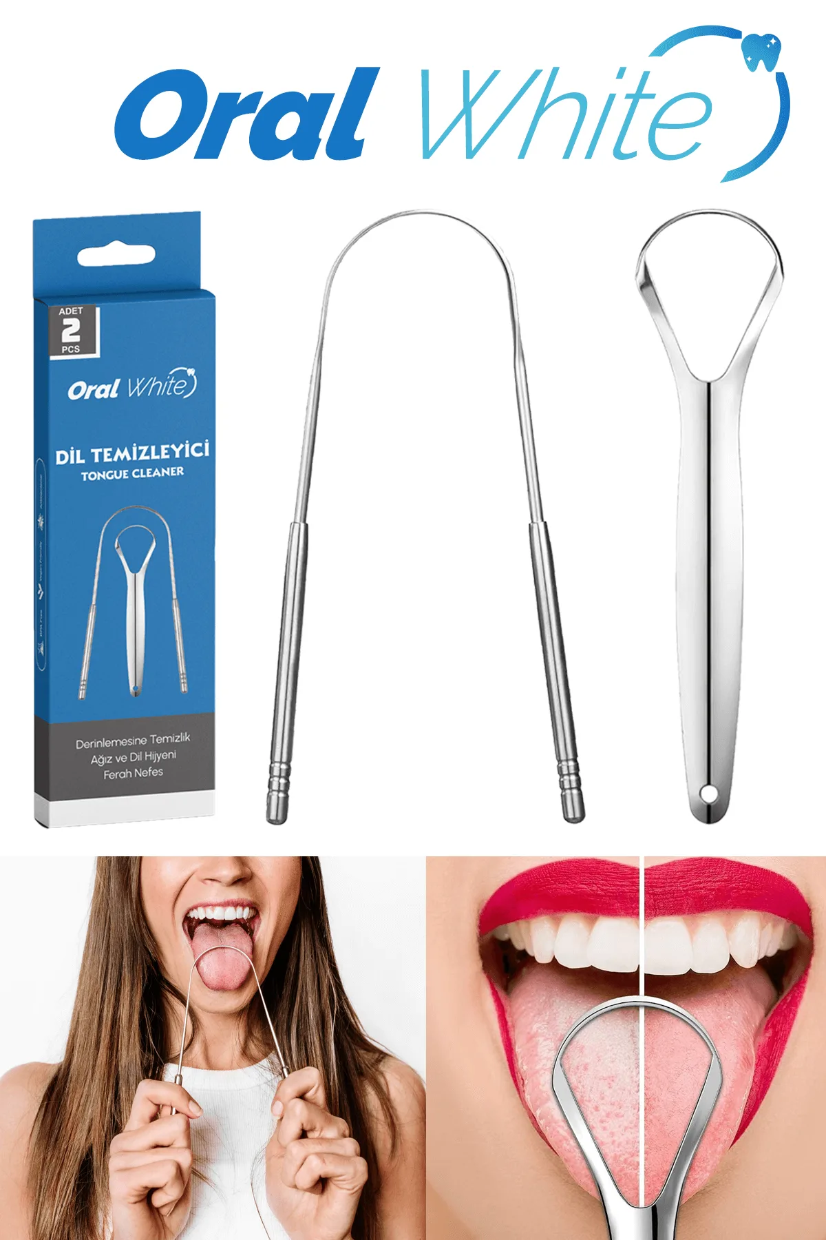Oral White Paslanmaz Çelik 2 Parça Dil Temizleyici ve Dil Sıyırıcı