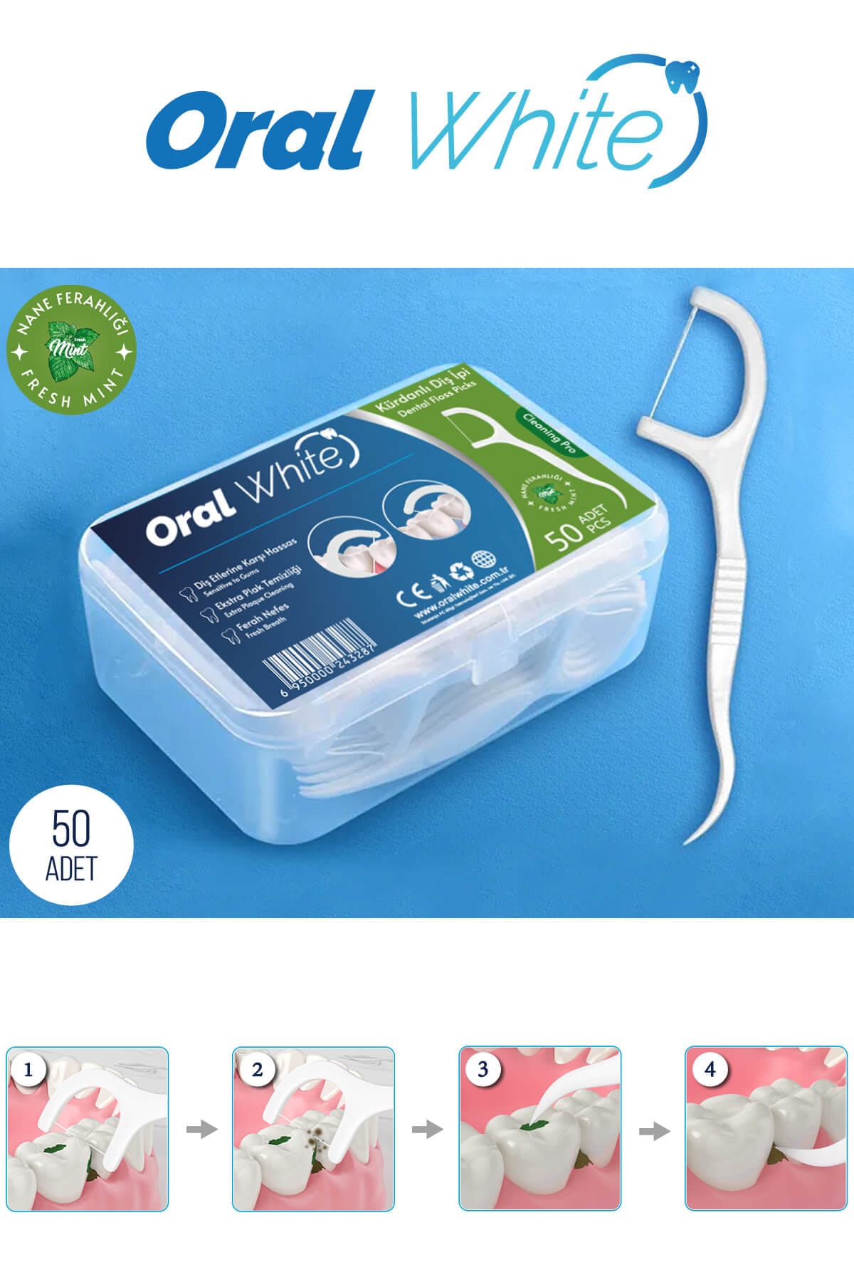 Oral White Cleaning Pro 50 Adet Kürdanlı Diş İpi Naneli