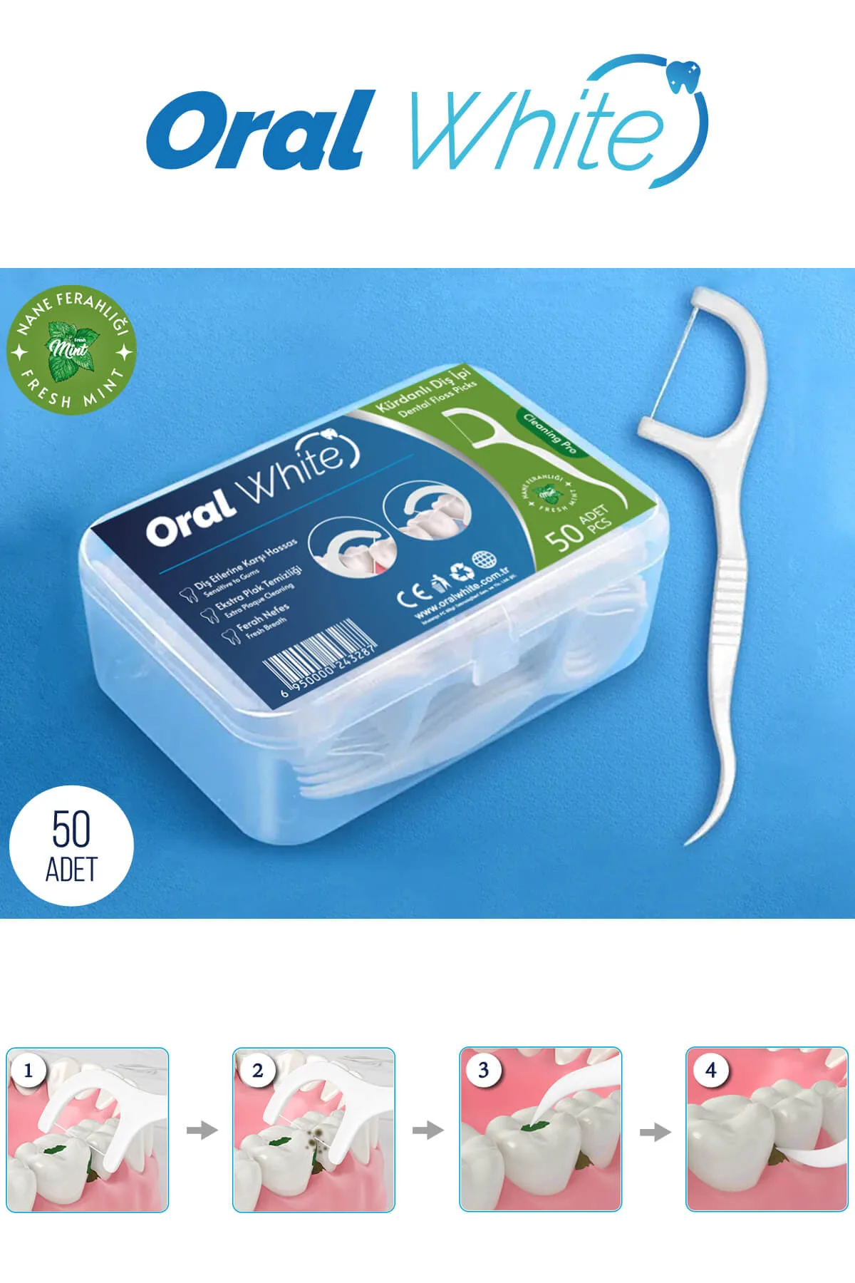 Oral White Cleaning Pro 50 Adet Kürdanlı Diş İpi Naneli