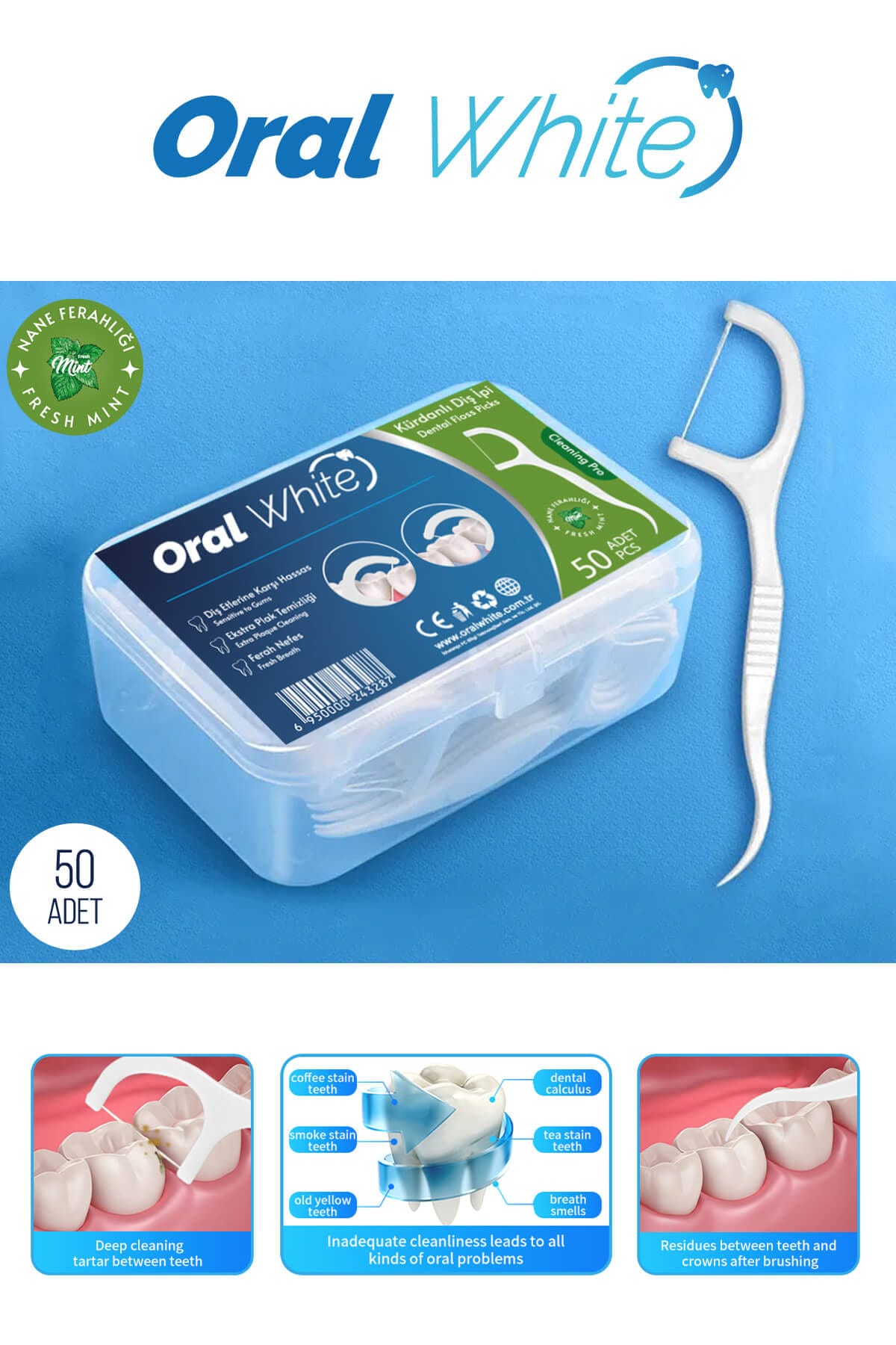 Oral White Cleaning Pro 50 Adet Kürdanlı Diş İpi Naneli - Görsel 3