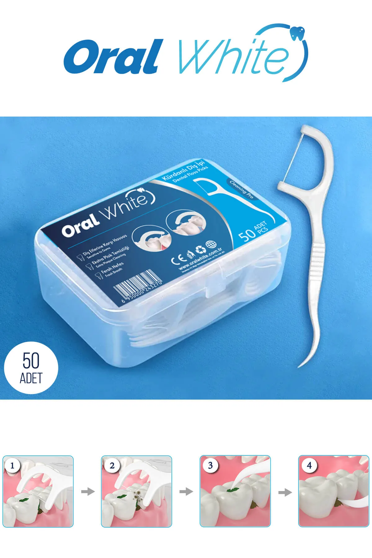 Oral White Cleaning Pro 50 Adet Kürdanlı Diş İpi Sade