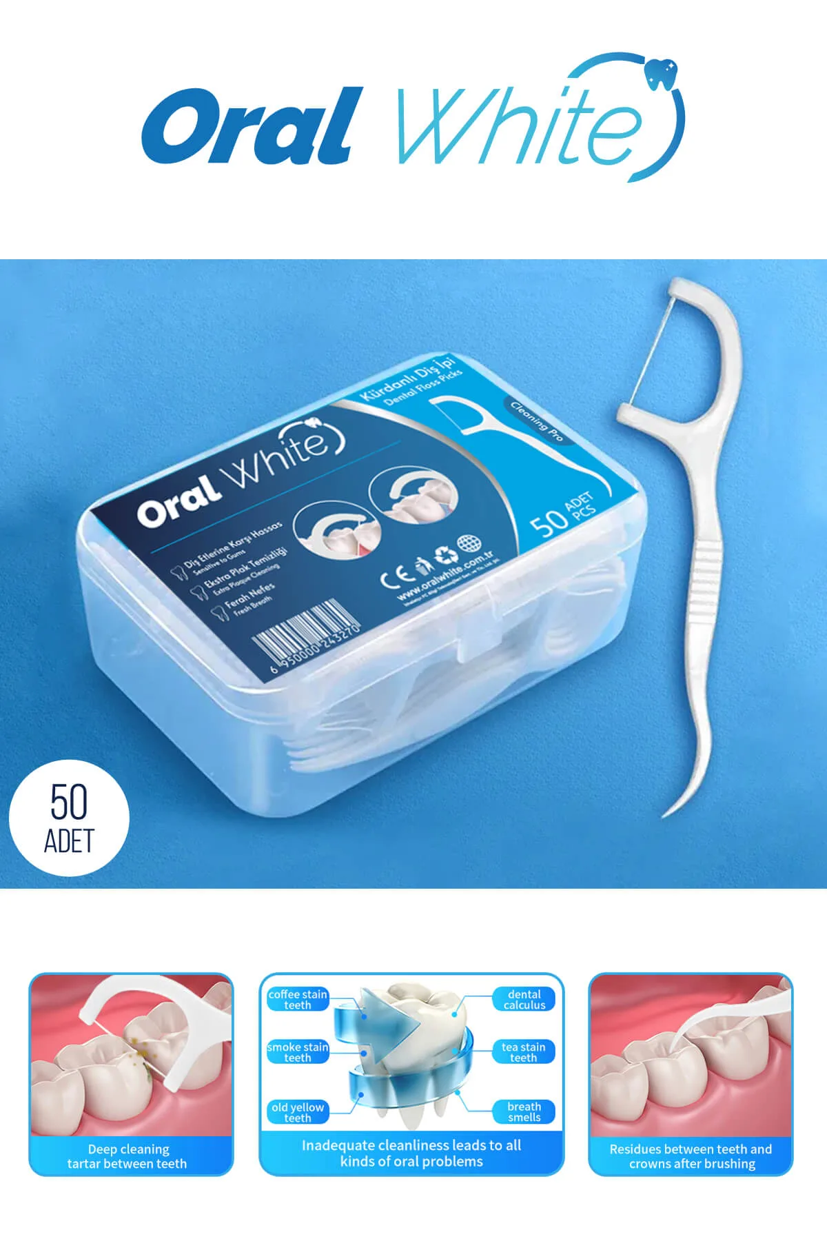 Oral White Cleaning Pro 50 Adet Kürdanlı Diş İpi Sade - Görsel 3