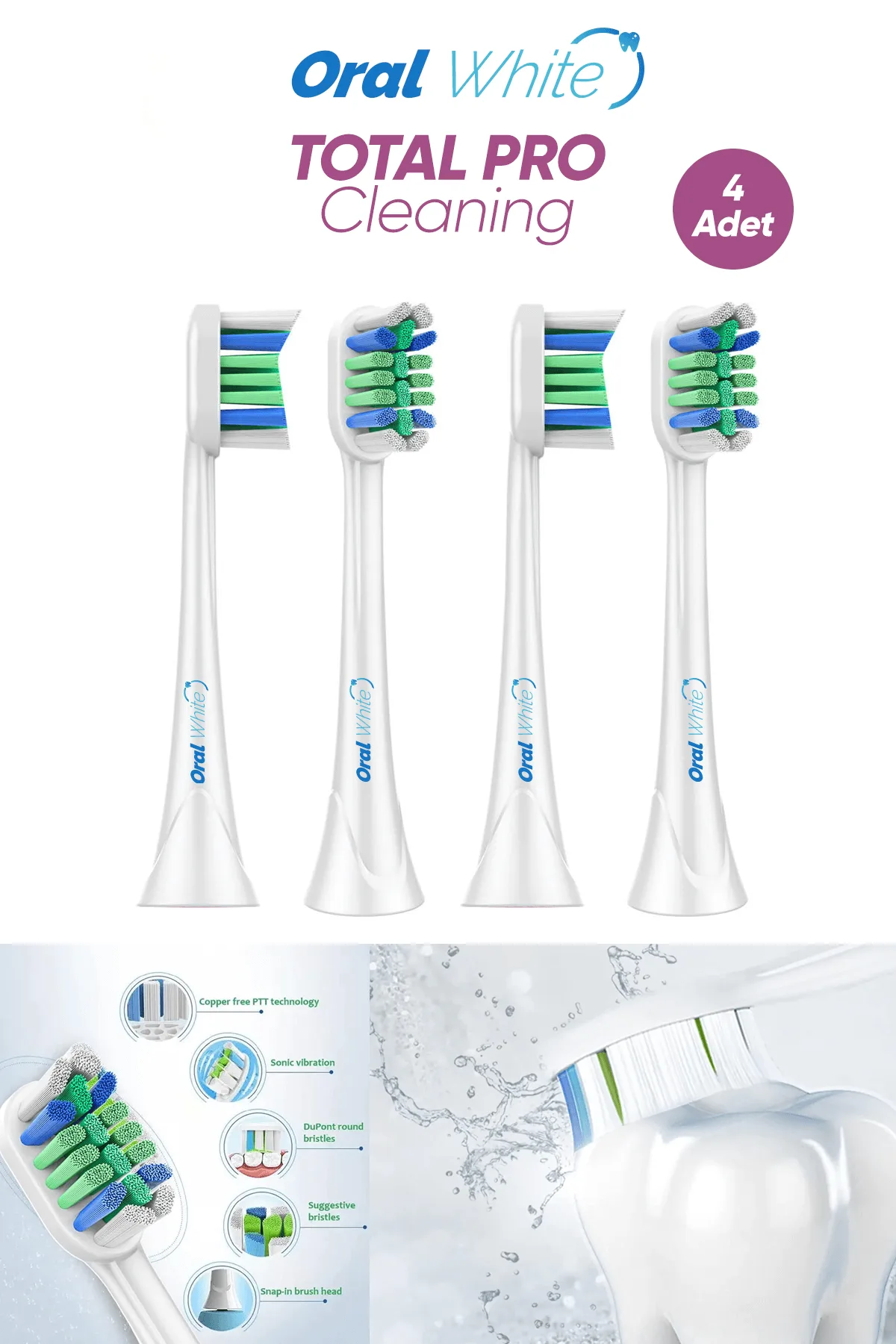 Oral White Sonic Total Pro Cleaning Teknolojisi 4 Adet Yedek Başlık