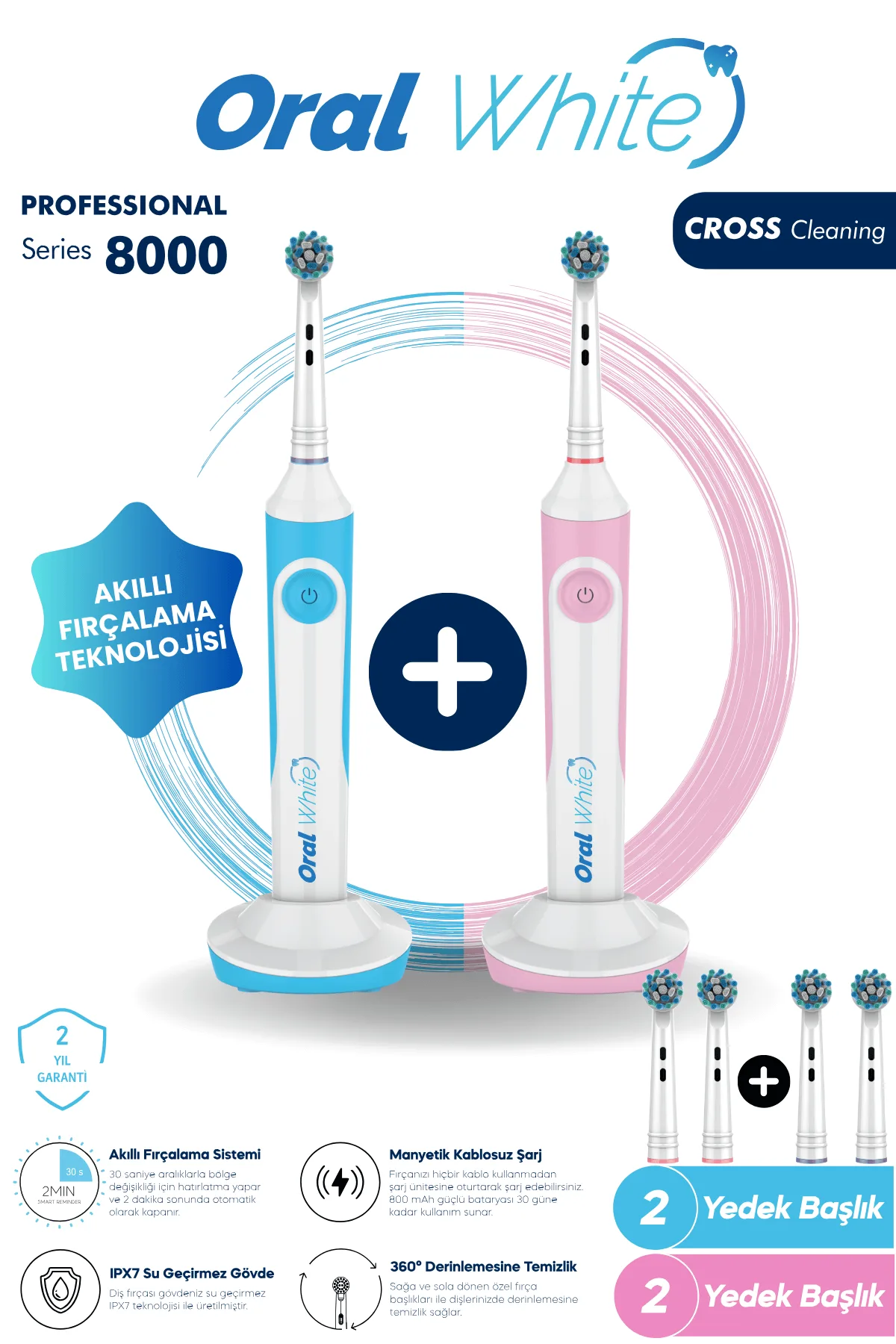 Oral White Professional Series 8000 Şarjlı Diş Fırçası Mavi ve Pembe İkili Set