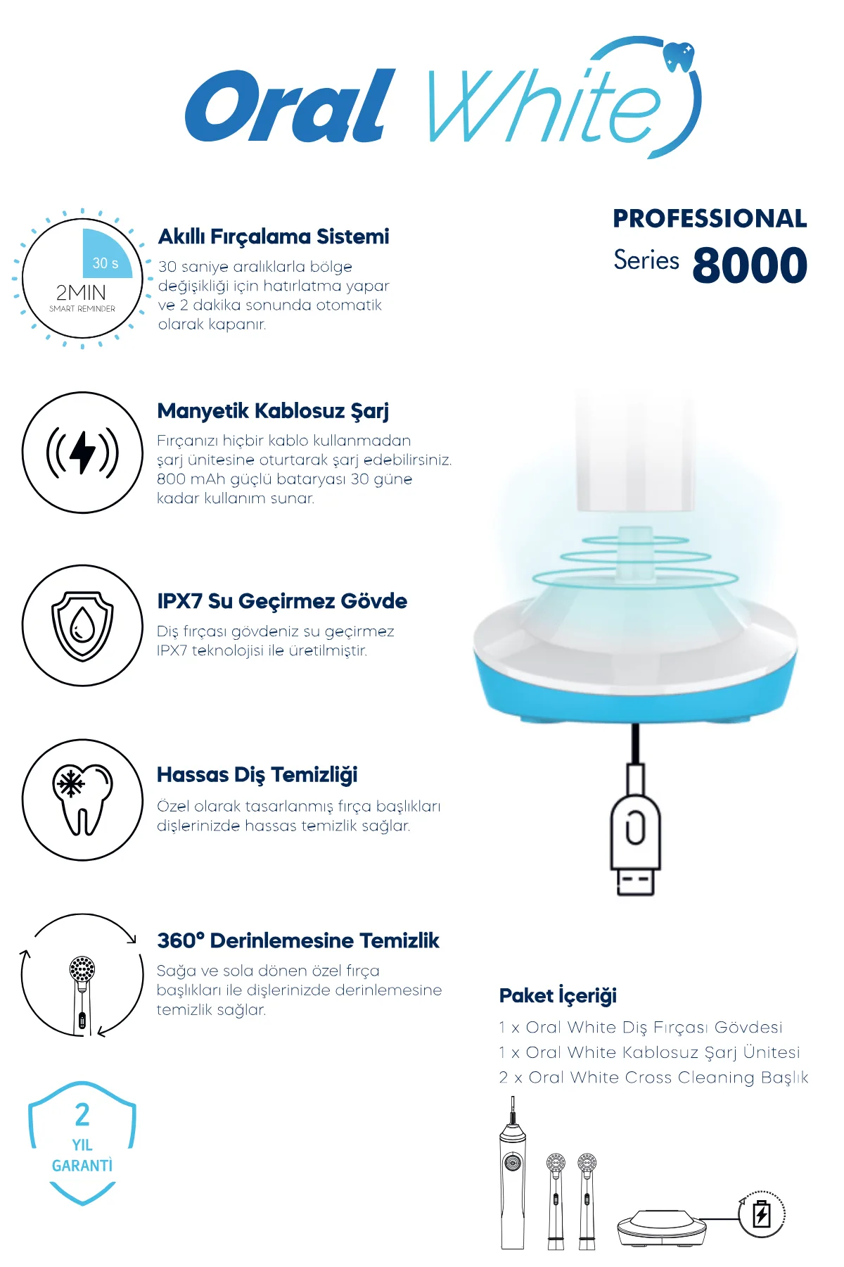 Oral White Professional Series 8000 Şarjlı Diş Fırçası Mavi - Görsel 2