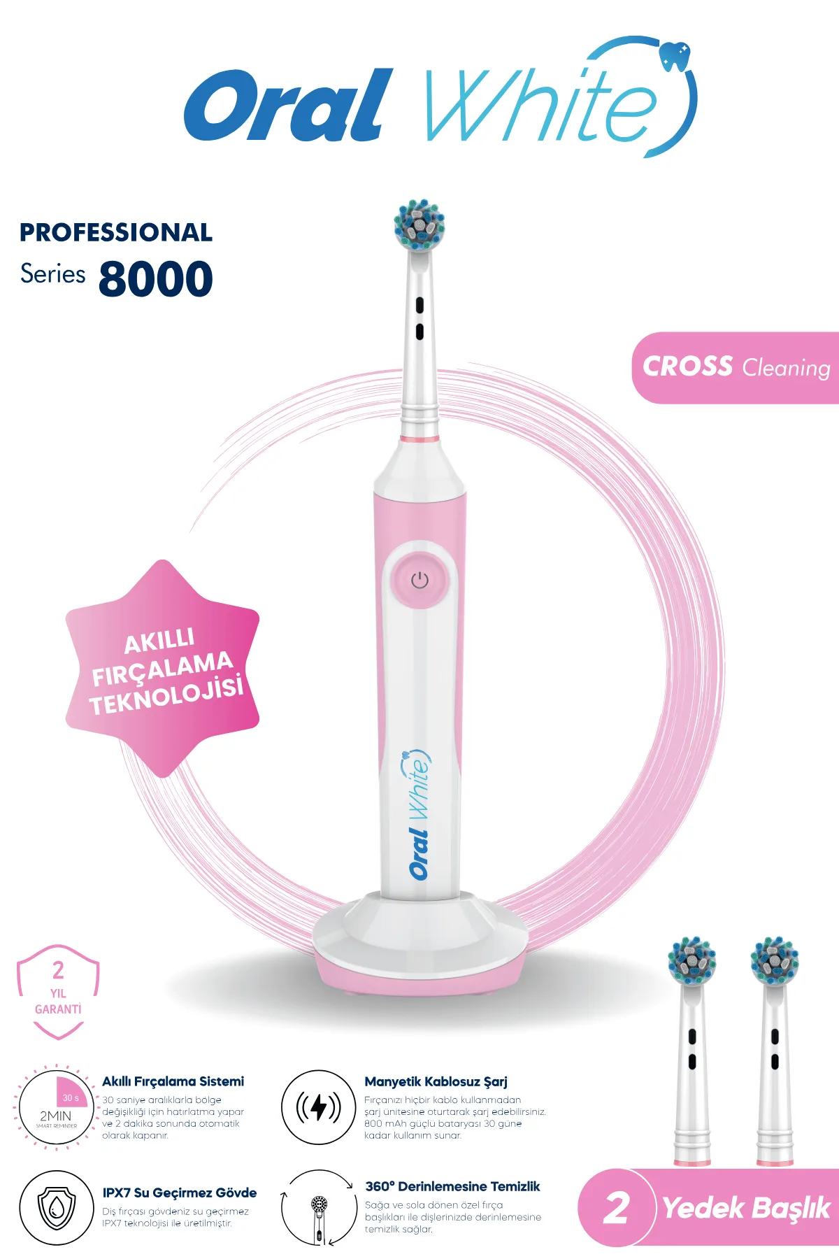 Oral White Professional Series 8000 Şarjlı Diş Fırçası Pembe