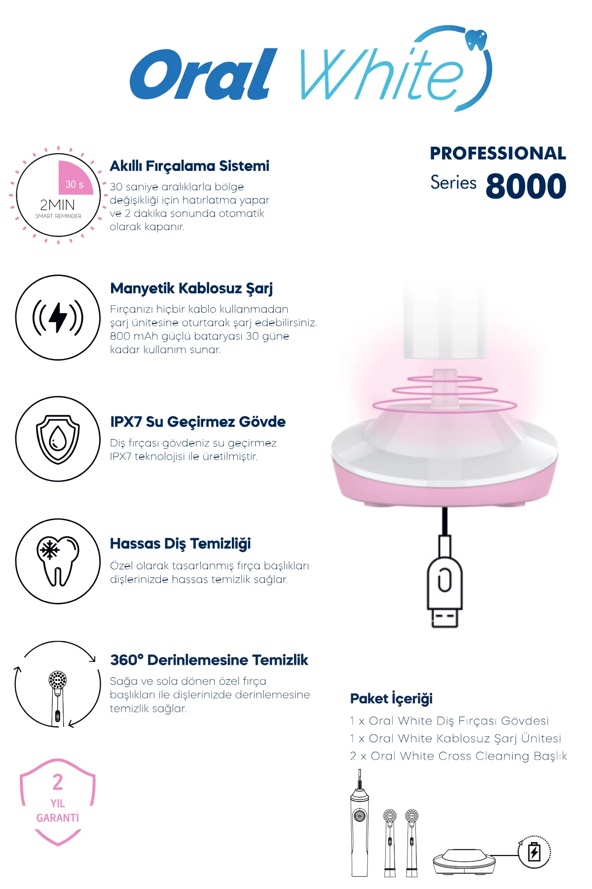 Oral White Professional Series 8000 Şarjlı Diş Fırçası Mavi ve Pembe İkili Set - Görsel 6