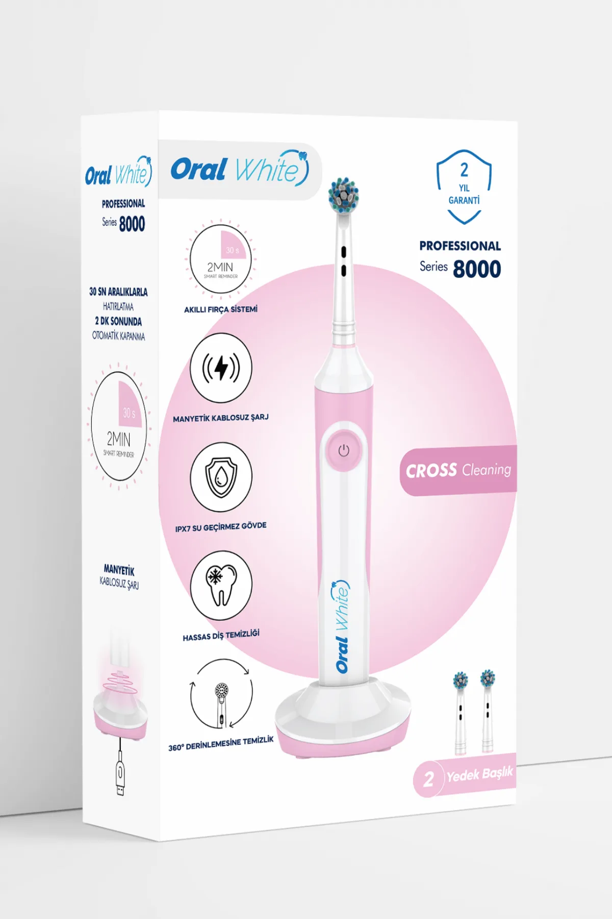 Oral White Professional Series 8000 Şarjlı Diş Fırçası Mavi ve Pembe İkili Set - Görsel 7